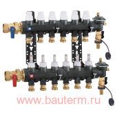 Коллектор в cборе 1" с т/р вентил. и расходом. 6х3/4", Caleffi, технополимер